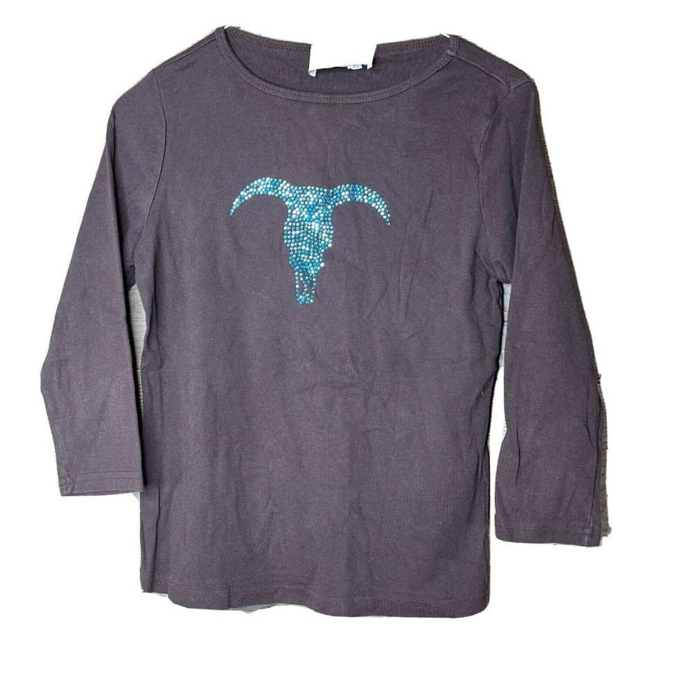 Dont Mess With Texas Top Womens L Youth Brown L Sleeve Blue Rhinestone Longhorn - Picture 1 of 8